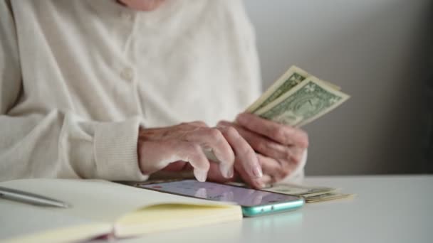 Női kéz számolja a pénzt elosztó nyugdíjmegtakarítás írás — Stock videók