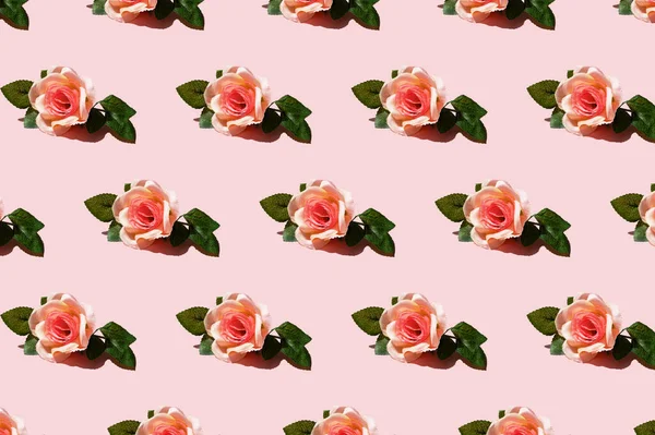 Μοτίβο Απαλό Τριαντάφυλλο Λουλούδια Πράσινα Φύλλα Διατεταγμένα Γραμμές Ροζ Φόντο — Φωτογραφία Αρχείου
