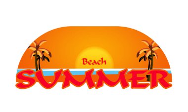 Yaz tatili logosu. Güneş ve sahil arka planında tipografi tasarımı. Tişörtler ve diğer baskılar için retro tabelalar ve semboller. 