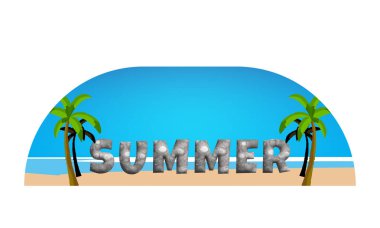 Yaz tatili logosu. Plaj arka planında tipografi tasarımı. Tişört ve diğer baskılar için retro tabelalar ve semboller.