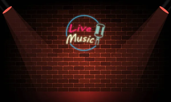 Live Music Neon Sign Brick Wall Background Illuminated Red Spotlights — Image vectorielle