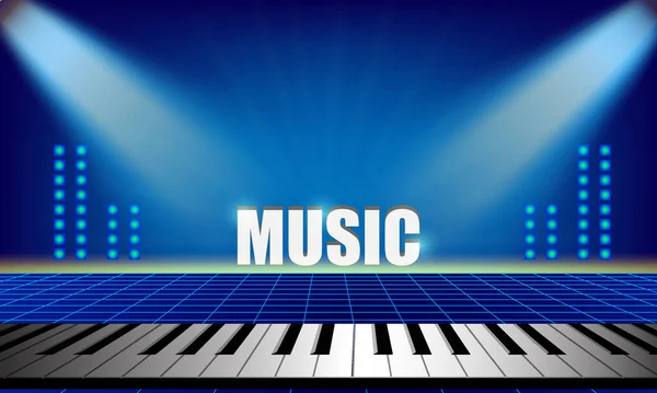 Keyboard Piano Stage Vector Spotlight Set Stage Lights Blue Background — Wektor stockowy