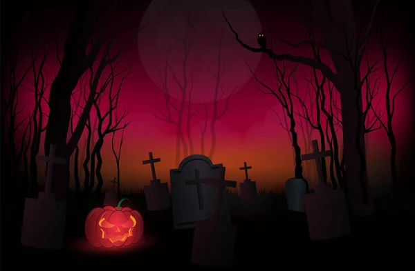 Halloween Pompoenen Verlaten Begraafplaats Vele Graven Rode Hemel Nacht Vormen — Stockvector