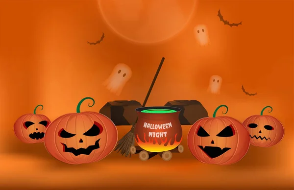 Halloween Pumpkin Och Witch Cauldron Omgiven Spöken Och Fladdermöss Orange — Stock vektor