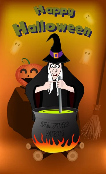 Witch Cauldron Orange Halloween Card — Stockvector
