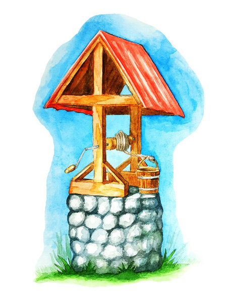 Каменный колодец с красной крышей, на фоне голубого неба и изумрудной травы. Акварель