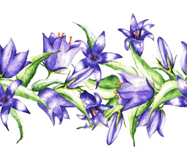 Beyaz arka planda bir buket çan ve yapraklar. Kusursuz desen. Suluboya çizimi