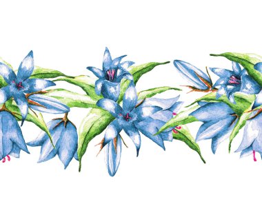 Beyaz arka planda bir buket çan ve yapraklar. Kusursuz desen. Suluboya çizimi