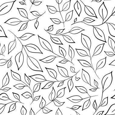 Farklı şekil ve boyutlardaki yaprakların dalları rastgele bir düzende. Kusursuz desen. Vektör illüstrasyonu