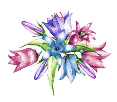 Beyaz arka planda bir buket çok renkli çan ve yapraklar. Çeşitli tatilleri süslemek için uygun. Suluboya çizimi