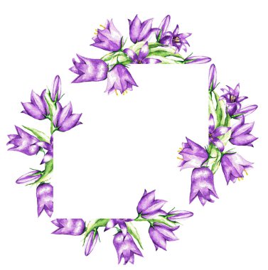 Beyaz arka planda çan ve yapraklardan çerçeve. Suluboya çizimi