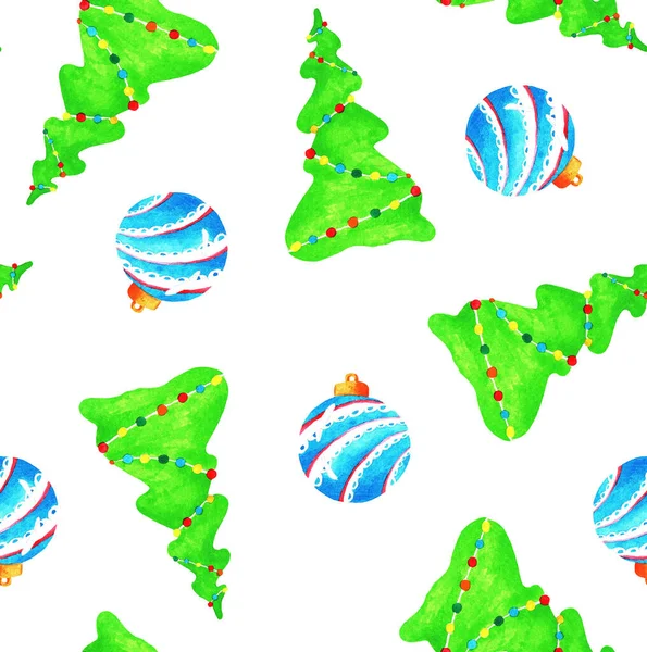 Neujahr Weihnachten Baum Mit Weihnachtsschmuck Nahtloses Muster Aquarellillustration — Stockfoto