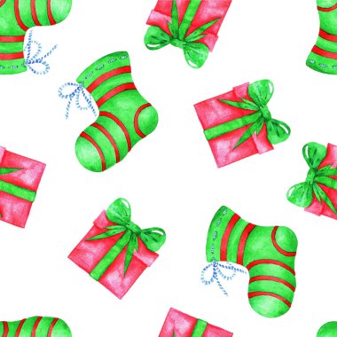 Hediye kutusu ve beyaz arka planda sıcak şenlikli çorap Noel 'de kusursuz bir desen. Suluboya çizimi