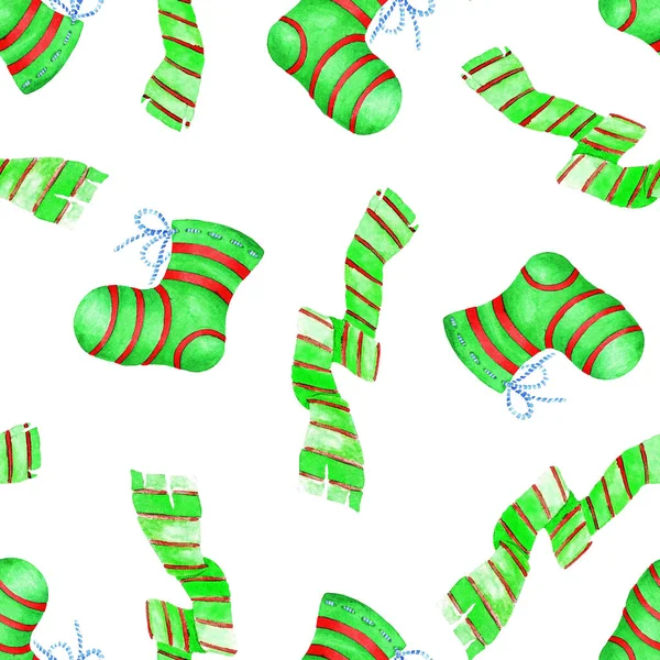 Warme Socke Und Schal Auf Weißem Hintergrund Nahtloses Muster Aquarellillustration — Stockfoto