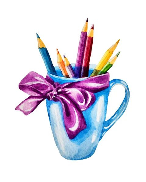 Des Crayons Couleur Dans Une Tasse Aquarelle Illustration — Photo