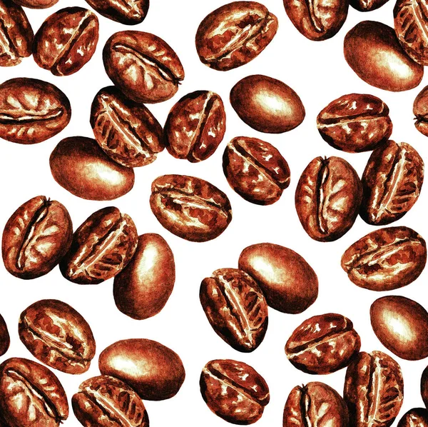 Seamless Pattern Coffee Beans White Background Watercolor Illustration — Stock Photo, Image