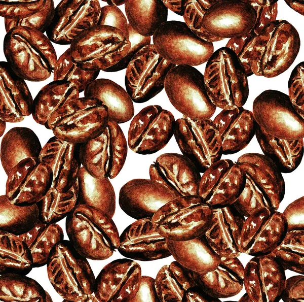 Sömlöst Mönster Kaffebönor Vit Bakgrund Akvarell Illustration — Stockfoto