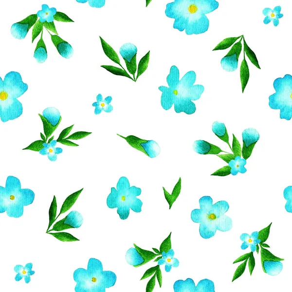 Blå Blommor Med Blad Vit Bakgrund Sömlöst Mönster Akvarell Illustration — Stockfoto