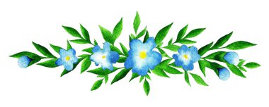 Mavi çiçek buketi ve beyaz arka planda yapraklar. Farklı tatiller için kartpostal tasarlamak. Suluboya çizimi