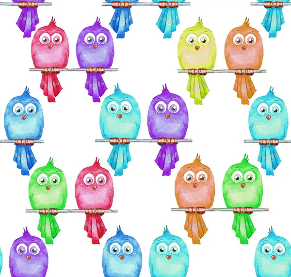 Multicolored Birds Twig White Background Seamless Pattern Watercolor Illustration — Stock Photo, Image