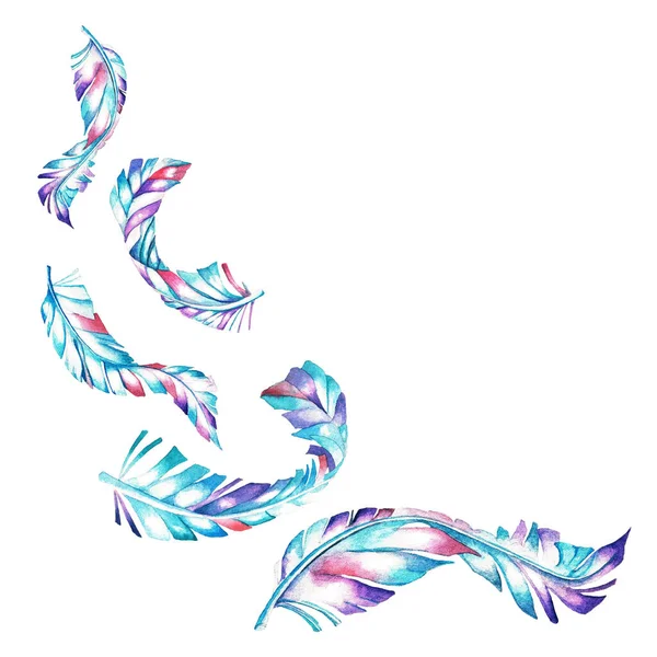Penas Multicoloridas Arranjo Aleatório Fundo Branco Ilustração Aquarela — Fotografia de Stock