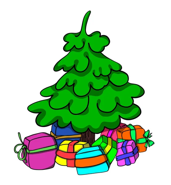Emerald Χριστουγεννιάτικο Δέντρο Και Δώρα Πολύχρωμα Πακέτα Εικονογράφηση Διανύσματος — Διανυσματικό Αρχείο