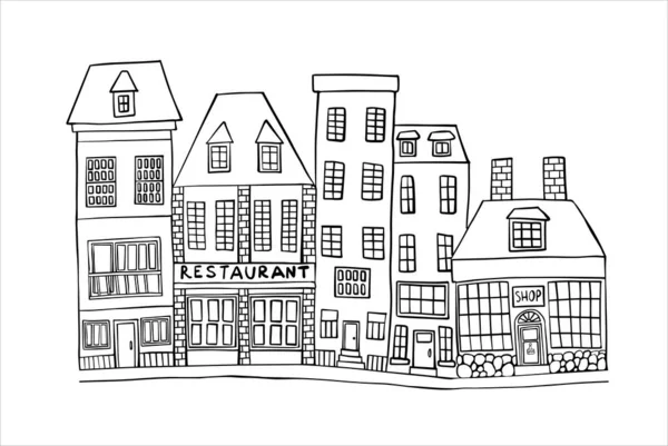 Kleine Straat Met Verschillende Huizen Winkel Restaurant Vectorillustratie — Stockvector