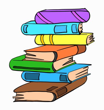 Beyaz arka planda bir yığın renkli kitap var. Vektör illüstrasyonu