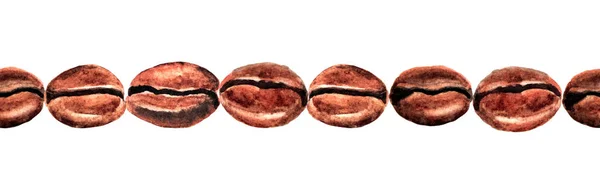 Eine Kette Aromatischer Kaffeebohnen Auf Weißem Hintergrund Nahtloses Muster Aquarellillustration — Stockfoto