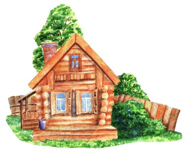 Yeşilliklerin arasındaki kır evi. Suluboya çizimi