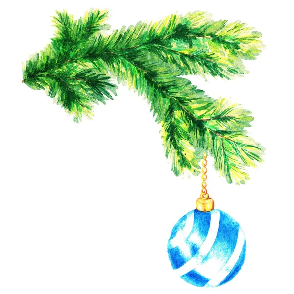 一支绿色绒毛云杉圣诞树玩具 白色背景上的玻璃球 水彩画 — 图库照片