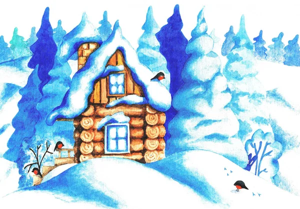 Χειμερινό Τοπίο Καλύβα Και Έφαγε Στο Χιόνι Και Bullfinches Εικονογράφηση — Φωτογραφία Αρχείου