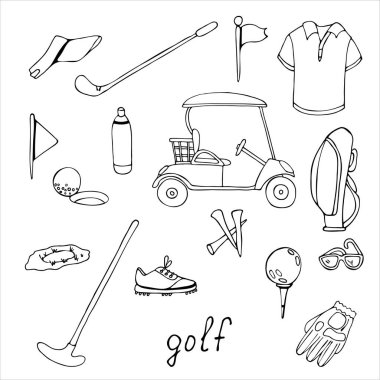 Golf takımı. Golf eşyaları siluetleri. Karalamalar. Vektör illüstrasyonu