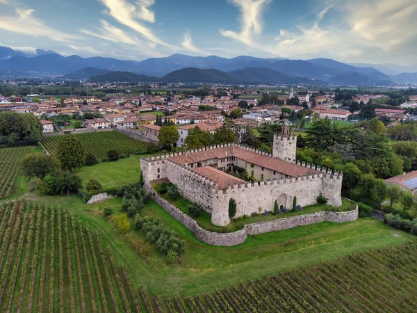 Aerial View Medieval Castle Surrounded Vineyards Franciacorta Region Wine Tour — Stock Photo, Image