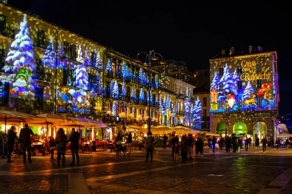 Como Italy December 2021 Christmas Light Show Facades Buildings Central — Stock Photo, Image
