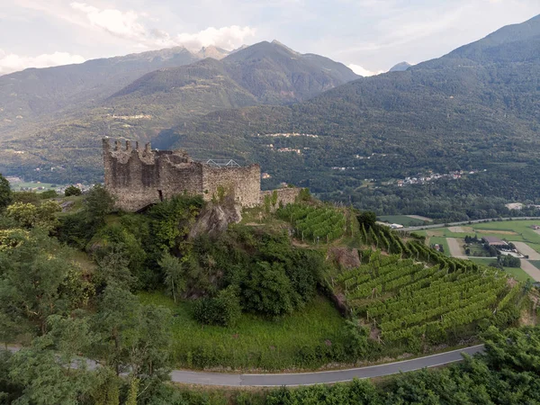 Aerial View Terraced Vineyards Hills Valtellina Planted Monuments Old Medieval — Stock Photo, Image