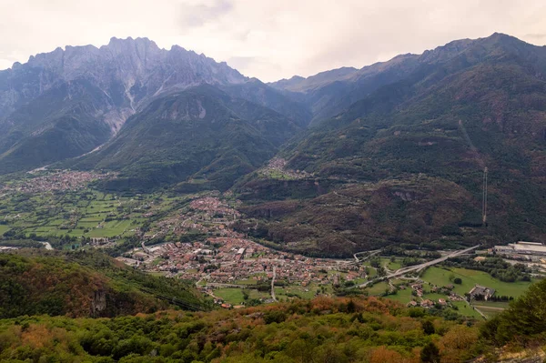 Aerial View Beautiful View Village Valley Mountains Lombardy Italy — 스톡 사진