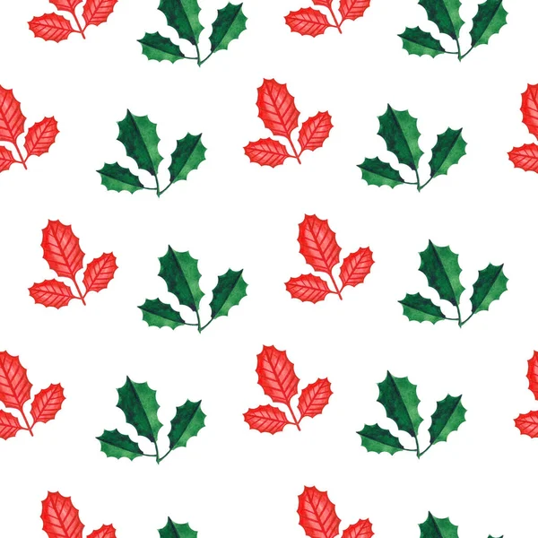 Weihnachten Aquarell Muster Aus Illustrationen Von Grünen Blättern Und Weihnachtssternen — Stockfoto