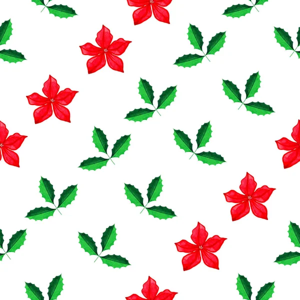 Christmas Watercolor Pattern Illustrations Green Leaves Poinsettia Flowers Suitable Decoration — Stock Photo, Image