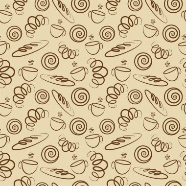 Bej arka planda kahverengi, pürüzsüz hamur işi deseni. Kafeler, restoranlar, menüler için. Tam tahıllı ekmek, kruvasan, çörek..