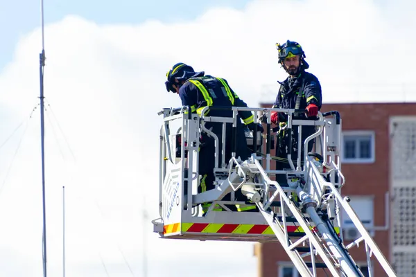 Los Bomberos Suben Una Escala Camión Uno Los Entrenamientos Estación — Foto de Stock