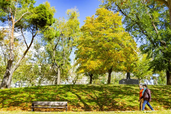 Madrid España Noviembre 2021 Gente Caminando Por Sendero Otoñal Parque — Foto de Stock