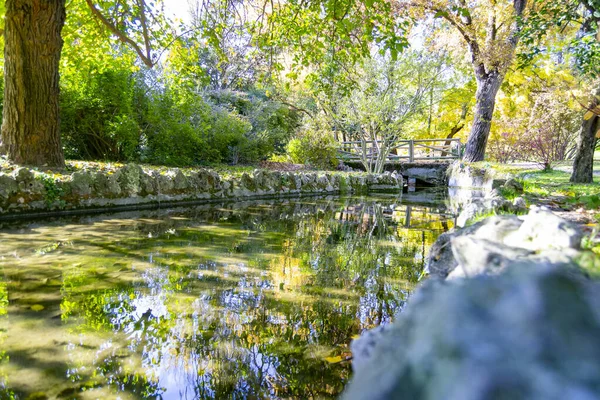 Flod Ström Passerar Genom Parque Del Oeste Madrid Park Med — Stockfoto