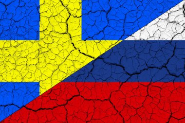 Rusya ve İsveç savaş konsepti arasındaki çatışma. Rus bayrağı ve İsveç bayrağı. Çatallı bayrak. Yatay tasarım.