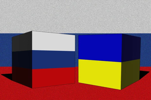 Ukraine Russia. Conflict between Russia and Ukraine war concept. Russia flag background. Ukraine and Russia 3D cubes. Horizontal design. Illustration. Map.