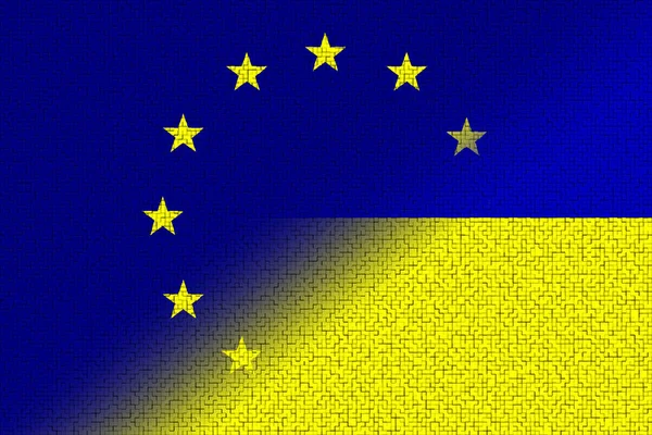 欧洲联盟 和乌克兰 欧洲联盟旗帜和乌克兰旗帜 援助概念 国家联盟 政治和经济关系 横向设计 摘要设计 说明1 — 图库照片