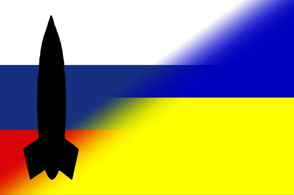 Ukraina Ryssland Kärnvapen Ryssland Flagga Och Ukrainska Flagga Med Kärnvapen — Stockfoto