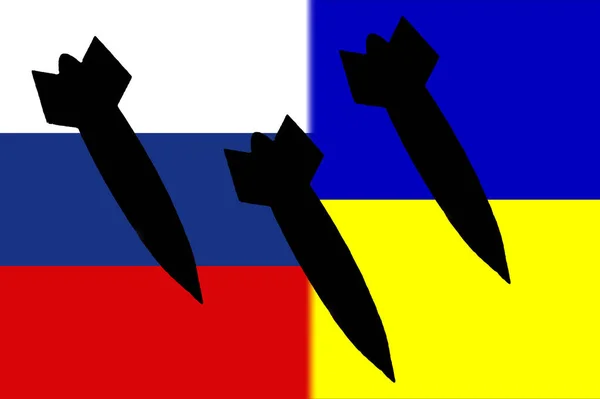 Ukraine Russland Atomwaffen Russische Und Ukrainische Flagge Mit Atomwaffensymbol Und — Stockfoto