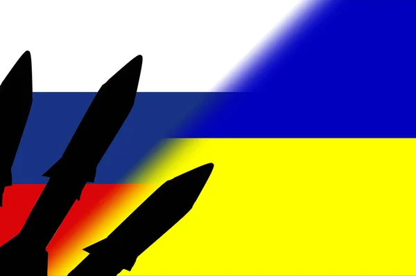 우크라이나 핵무기 러시아 국기와 우크라이나 국기에는 미사일 실루엣 장착되어 러시아와 — 스톡 사진