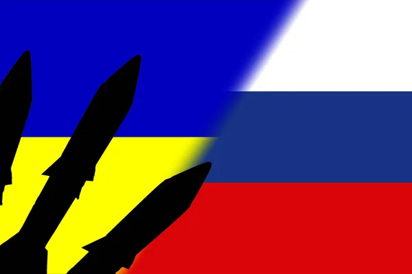 Україна Росія Ядерна Зброя Прапор Росії Український Прапор Ядерним Символом — стокове фото